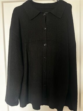 Black Ribbed Button-Front Women's Cardigan Sweater